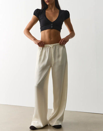 Tie Waist Wide Leg Satin Silk Trousers