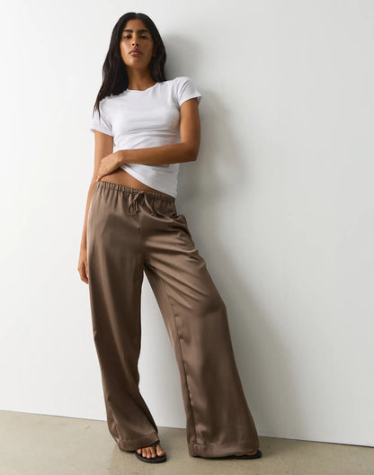 Tie Waist Wide Leg Satin Silk Trousers