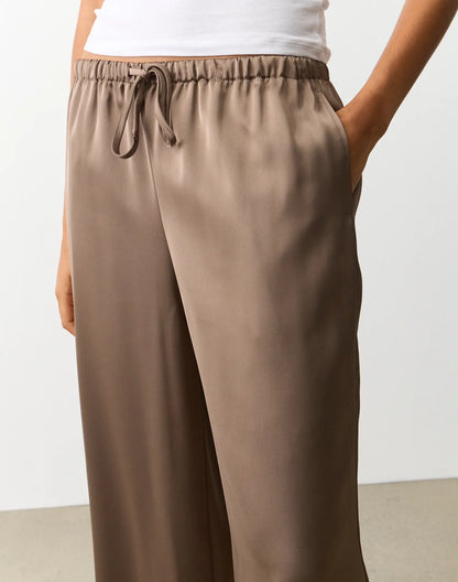 Tie Waist Wide Leg Satin Silk Trousers